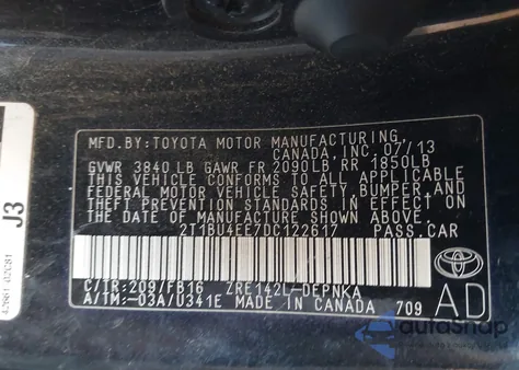 2013 Toyota Corolla Le from USA, damaged, VIN 2T1BU4EE7DC122617